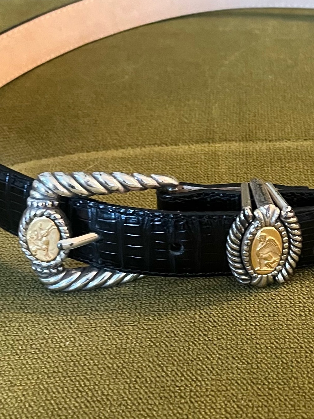 Brighton Museum Collection Black Textured Leather Belt Silver Gold Conchos Sz L
